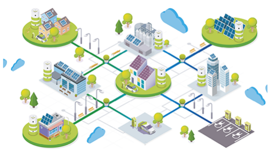 Schema disegno di una comunità energetica con abitazioni e aziende collegate